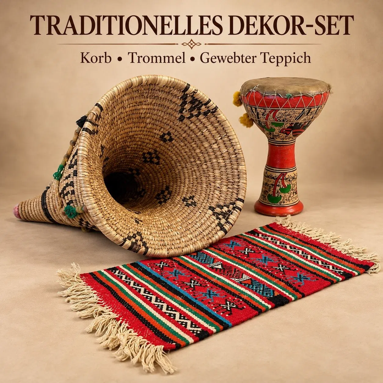 Traditionelles Deko-Set: Korb, Trommel und gewebter Teppich