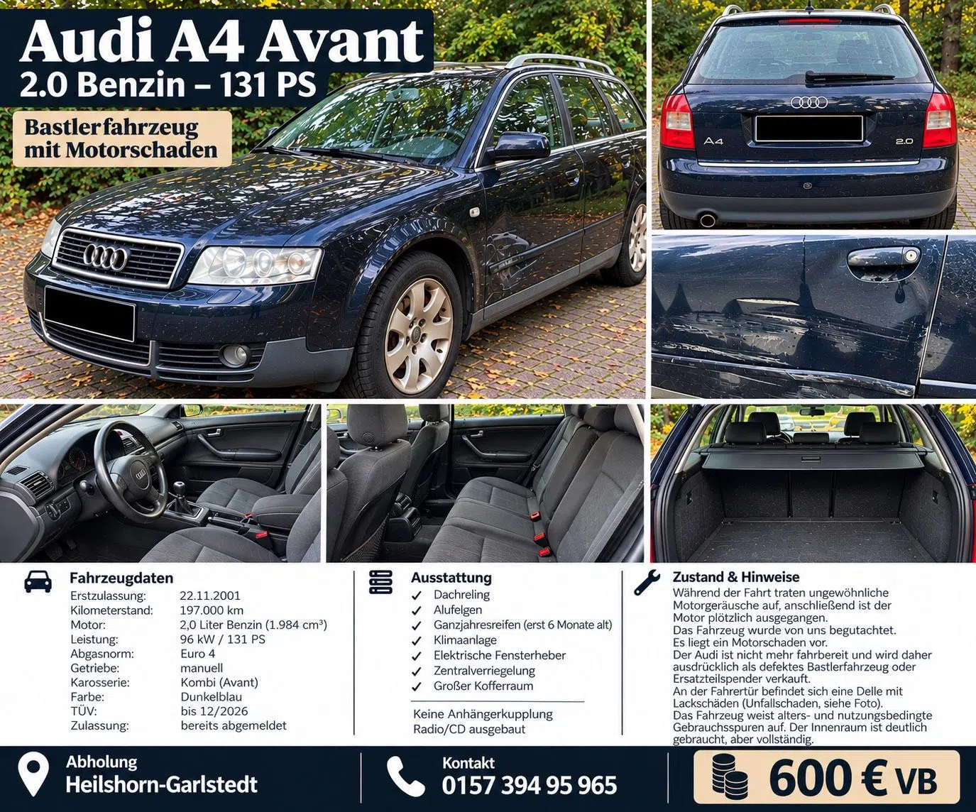 Audi A4 Avant 2.0 | Motorschaden | TÜV 12/26 | 600 € VB