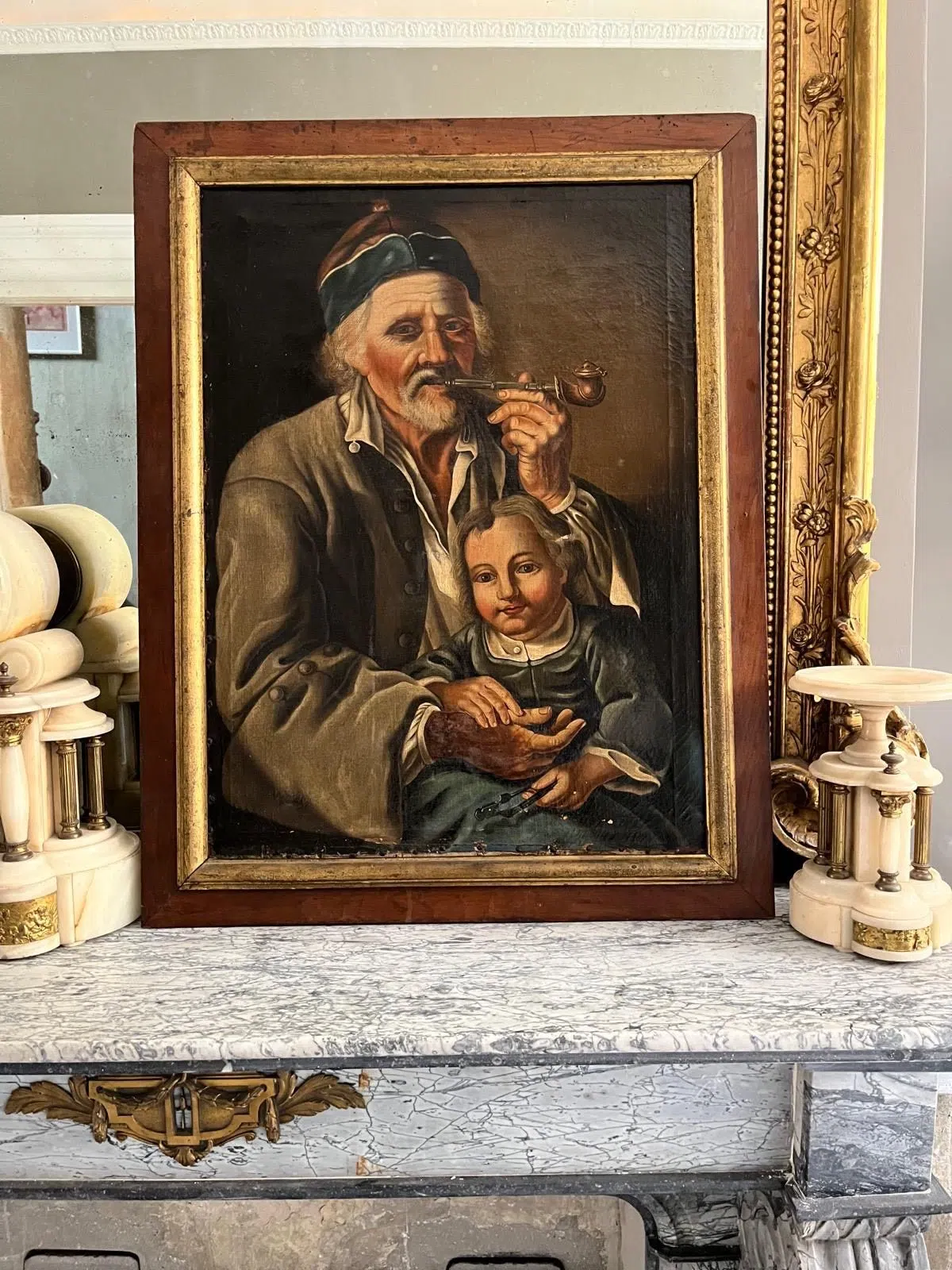 1700 Barock Öl- Gemälde Flämisch Friesland Fischer mit Enkel