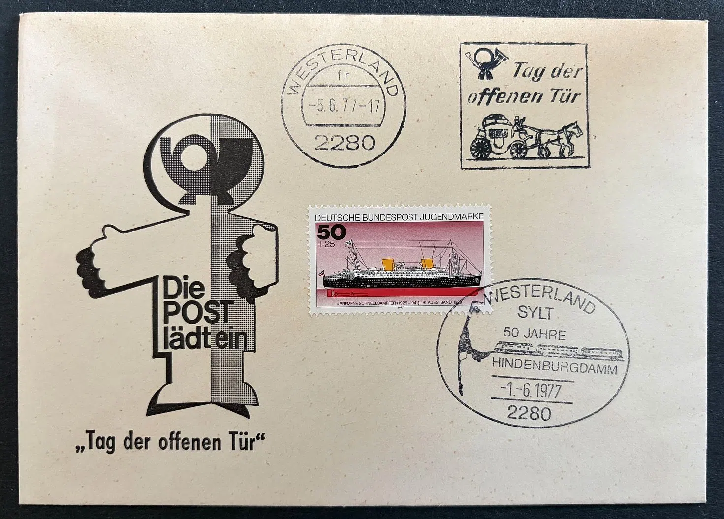 Brief mit Sonderstempel: 50 Jahre Hindenburgdamm Sylt 1977