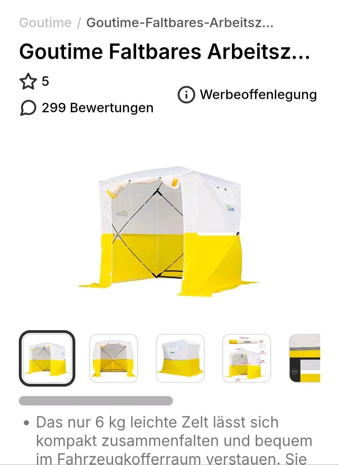 Goutime Faltbares Arbeitszelt, 6 kg, gelb-weiß