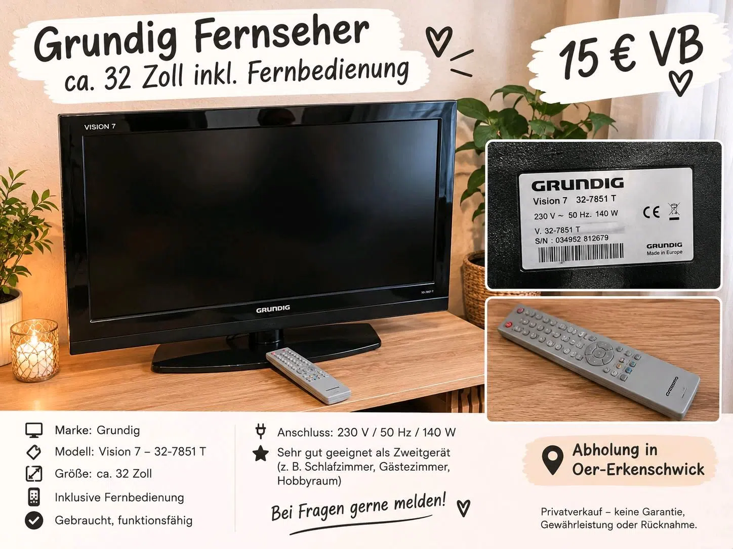 Grundig Fernseher ca. 32 Zoll inkl. Fernbedienung – 15 € VB