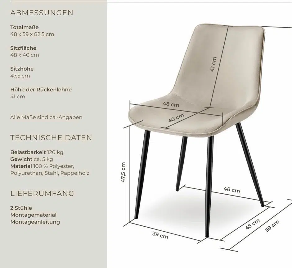 Esstisch Stühle in Samt beige 5 Stück